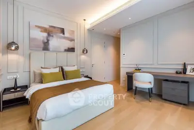 Luxurious modern bedroom with elegant decor and workspace, featuring stylish lighting and cozy ambiance.