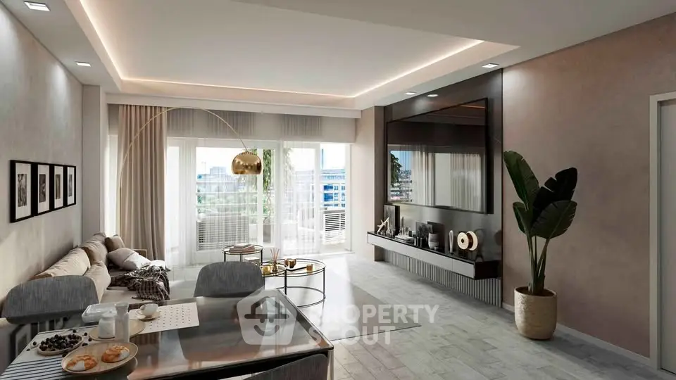 Luxurious modern living room with elegant decor and spacious layout, featuring a large window with a stunning view.