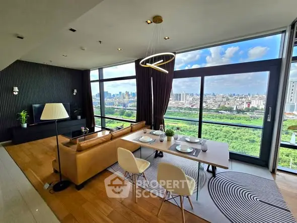 Luxurious living room with panoramic city view and modern decor