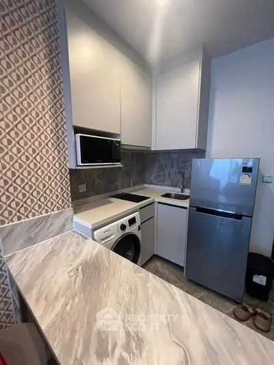 Modern compact kitchen with sleek appliances and stylish countertop