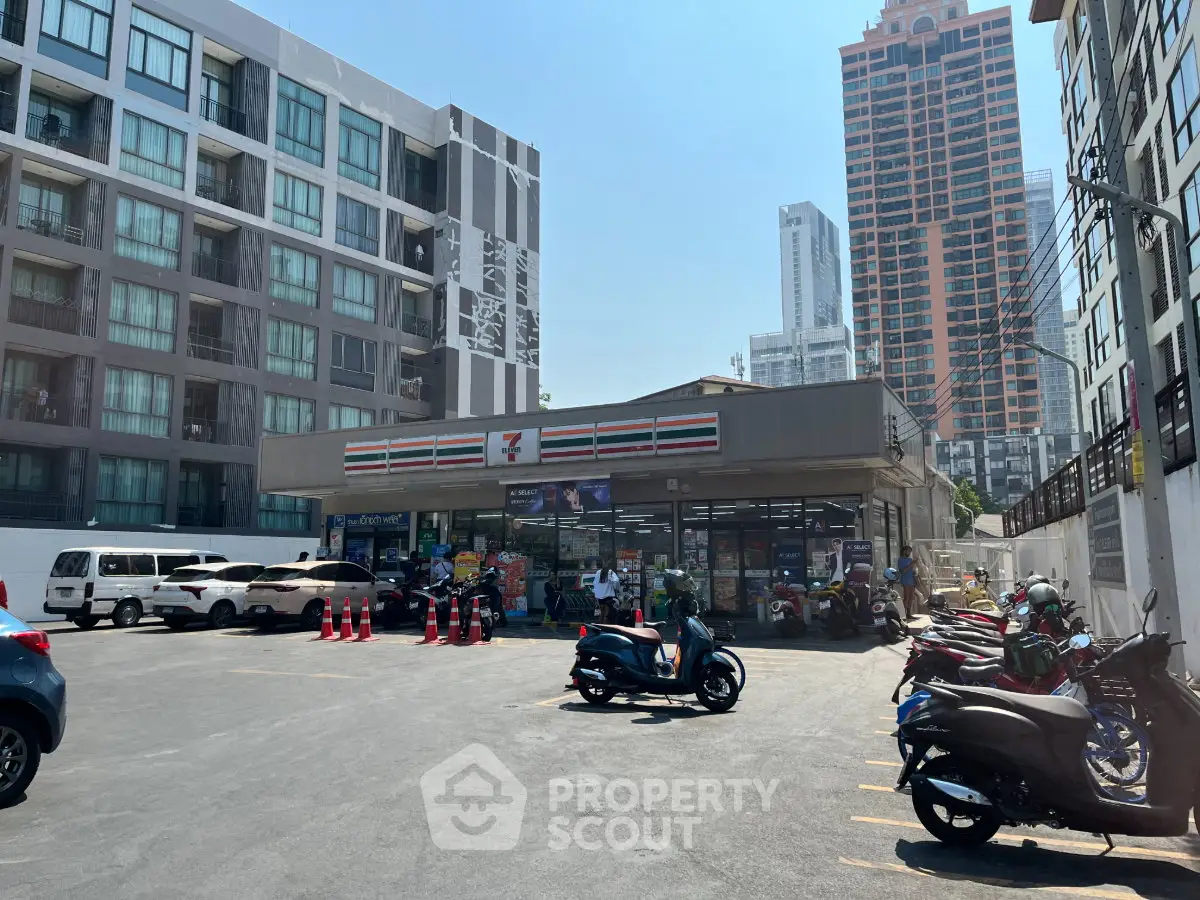 Modern urban convenience store with adjacent parking in bustling cityscape