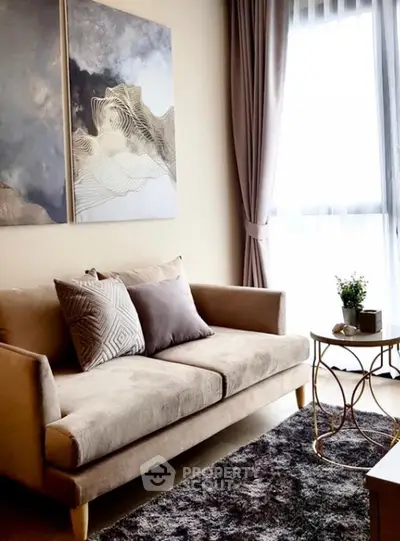 Elegant living room with plush velvet sofa, contemporary art, and chic decor, bathed in natural light from the large window, perfect for urban living.