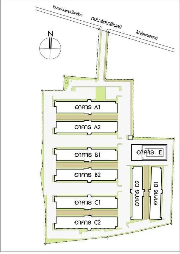 Detailed schematic plan of a residential complex with multiple buildings labeled A1 to E.