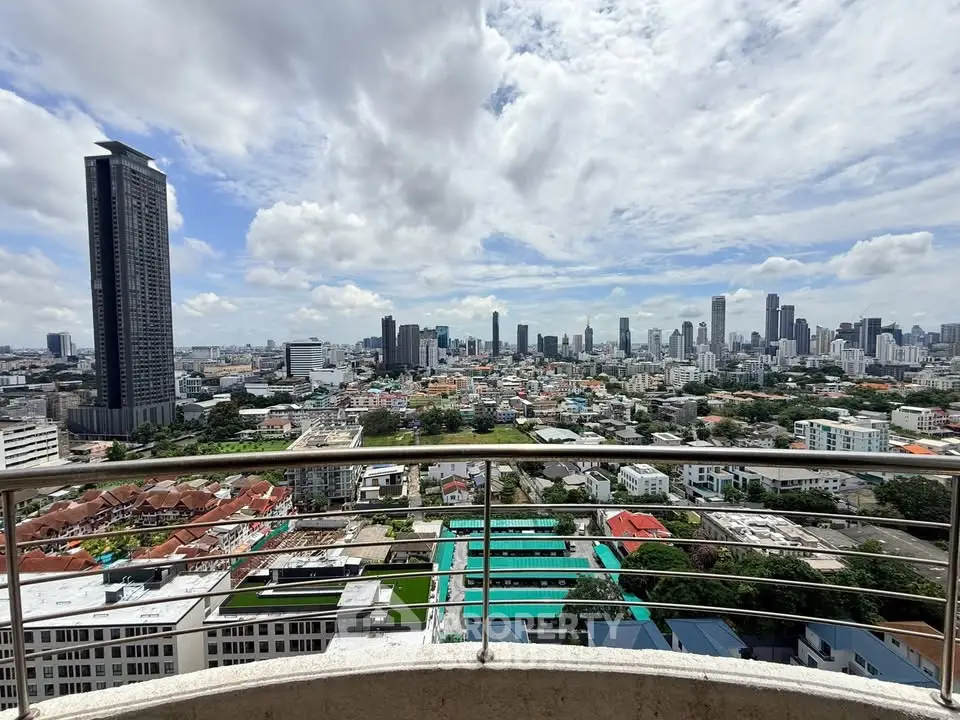 Stunning cityscape view from a high-rise balcony showcasing urban skyline and vibrant city life.