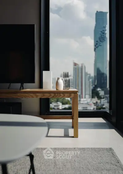 Modern living room with city view and stylish decor