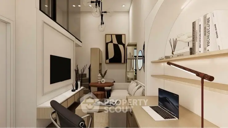 Modern living room with stylish decor and workspace, featuring high ceilings and contemporary lighting.