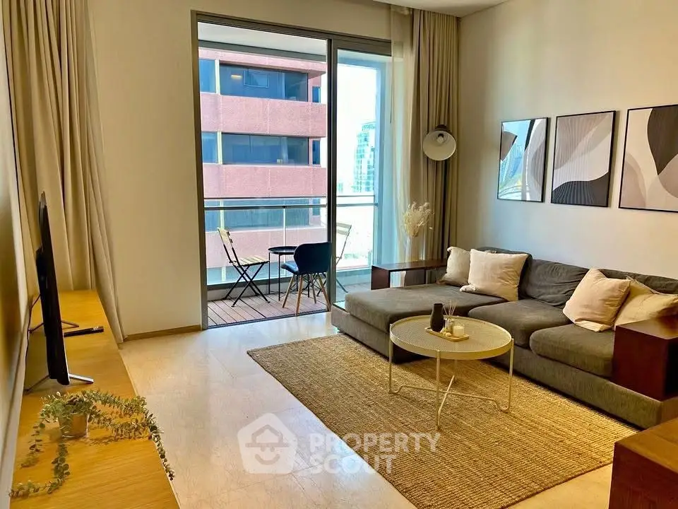 Modern living room with stylish decor and balcony view in urban apartment