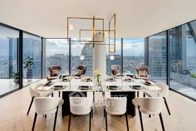 Luxurious dining area with panoramic city views and modern decor
