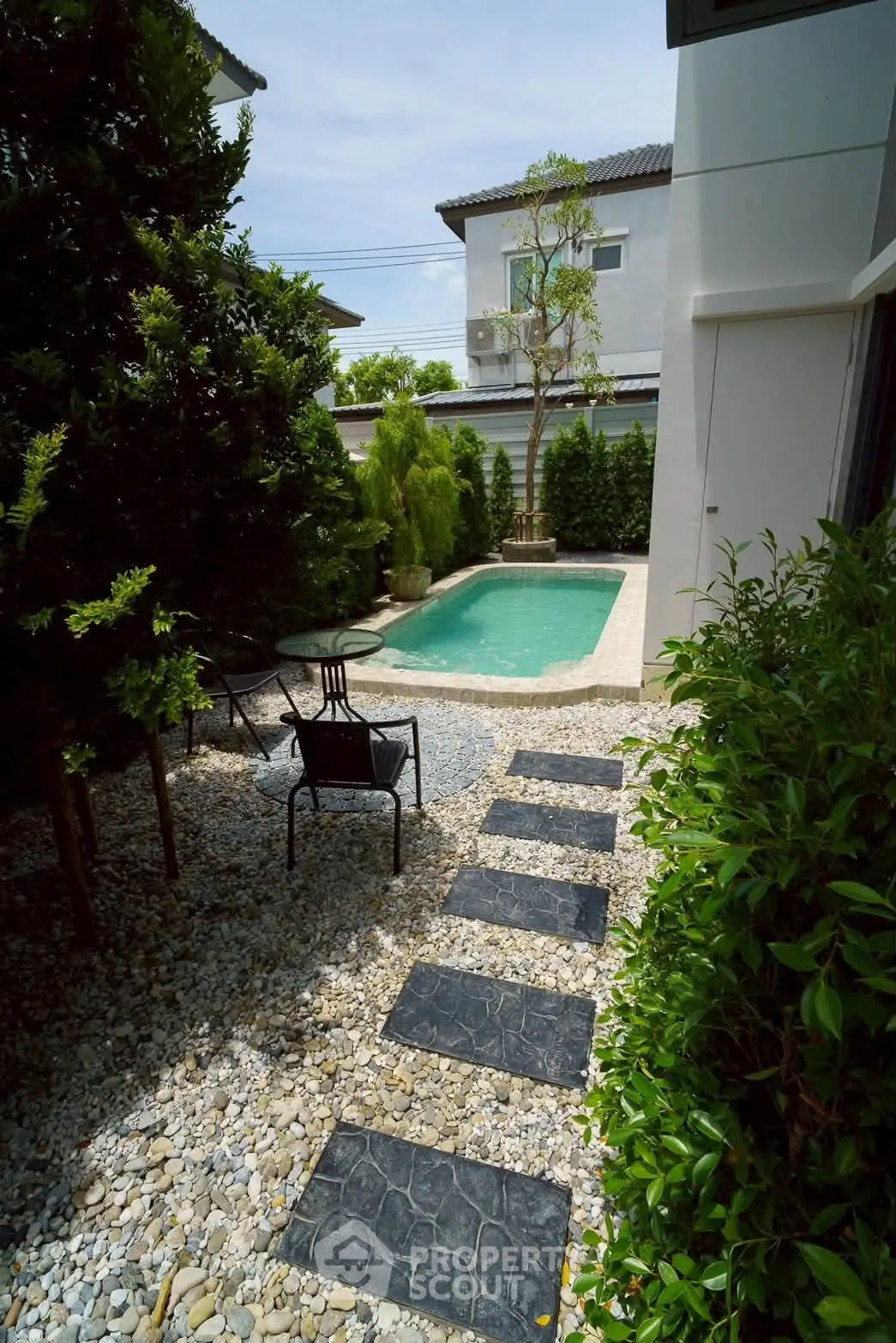 Charming backyard with a private pool and lush greenery, perfect for relaxation and outdoor enjoyment.