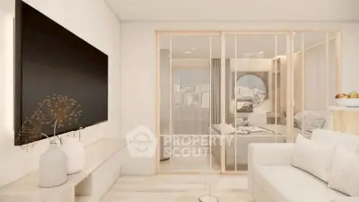 Modern living room with sliding glass doors and city view, featuring minimalist decor and large wall-mounted TV.