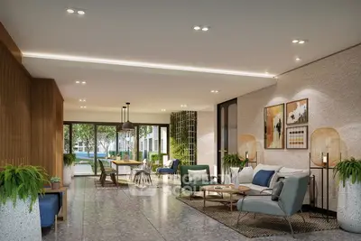 Luxurious modern living room with elegant decor and spacious seating area.