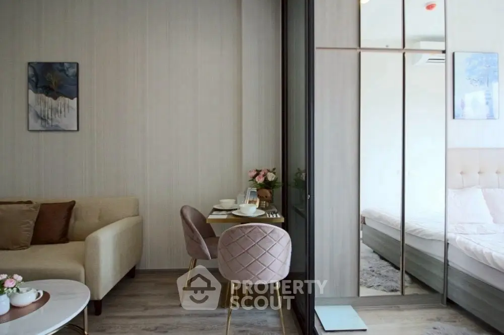Modern living room with cozy dining area and stylish decor