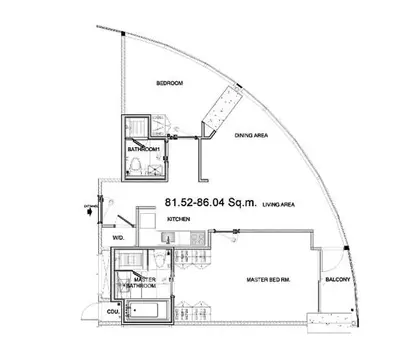 Modern apartment floor plan with spacious living area and balcony.