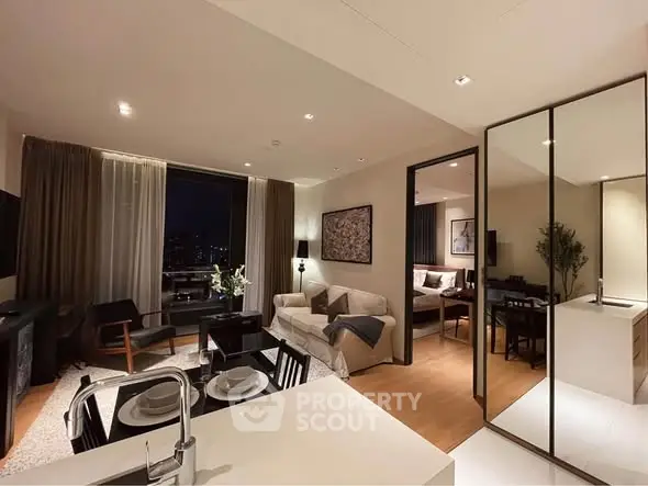 Modern open-plan living room with elegant decor and city view, featuring a cozy seating area and dining space.