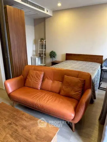 Cozy studio apartment with stylish leather sofa and modern decor