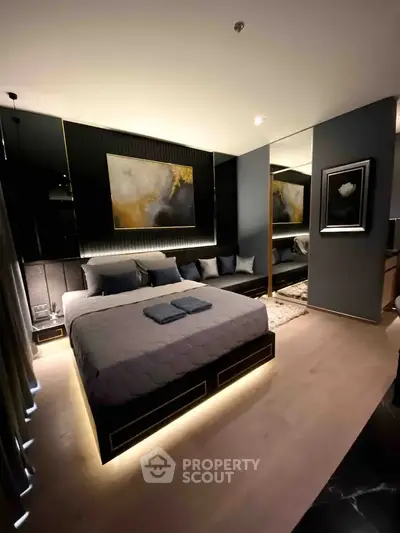 Luxurious modern bedroom with ambient lighting and elegant decor