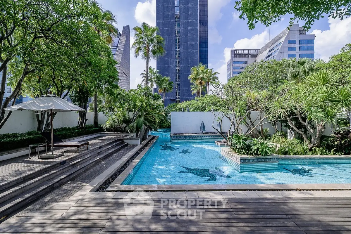 Luxurious urban pool surrounded by lush greenery and modern skyscrapers, perfect for relaxation and leisure.