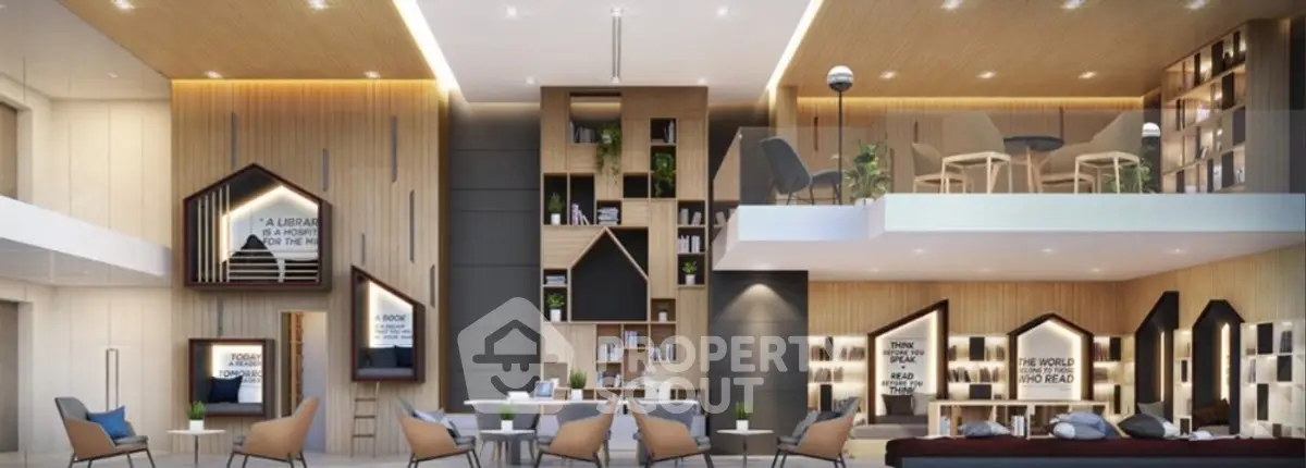 Modern library with stylish seating and wooden accents, perfect for reading and relaxation.