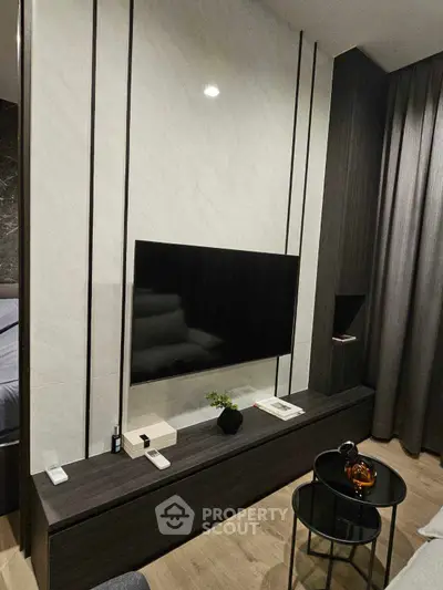 Modern living room with sleek TV setup and stylish decor