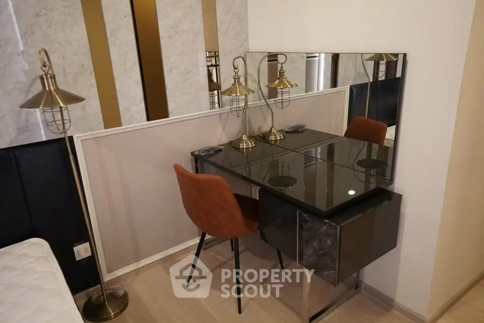 Modern bedroom corner with stylish desk and chair setup