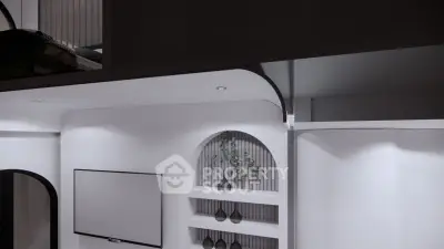 Modern living room with sleek design and built-in shelves