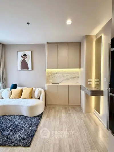 Modern living room with stylish decor and cozy seating area