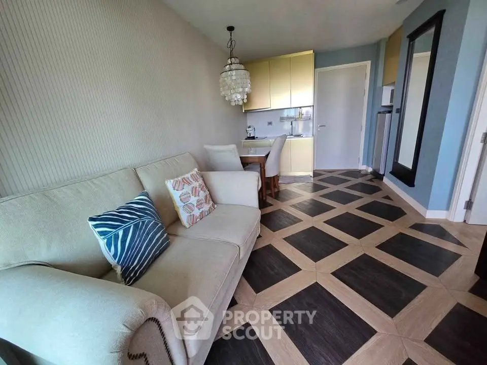 Stylish living room with modern decor and geometric flooring