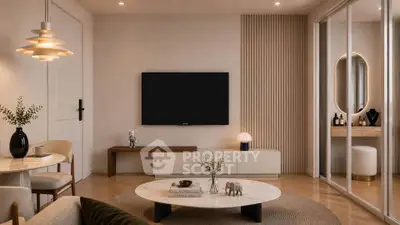 Elegant living room with modern decor, featuring a wall-mounted TV, stylish furniture, and ambient lighting.