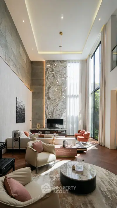 Luxurious modern living room with high ceilings and elegant decor