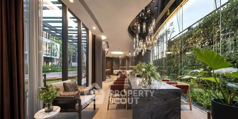 Luxurious modern living room with floor-to-ceiling windows and elegant decor, offering a stunning garden view.