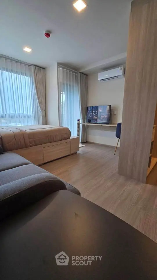 Modern studio apartment with cozy living area and large windows