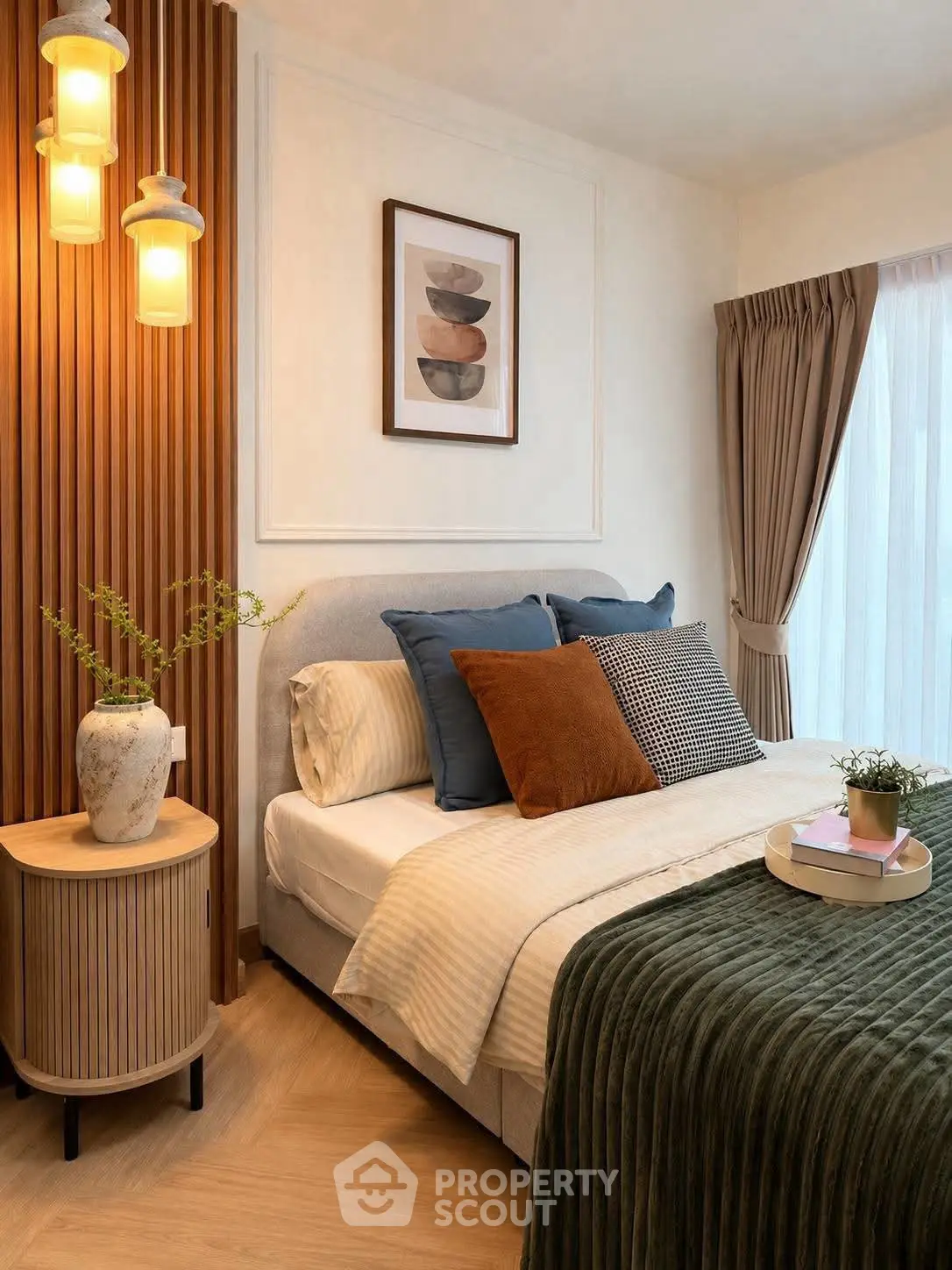 Cozy bedroom with stylish decor and natural light