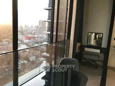 Stunning high-rise balcony with panoramic city view and modern interior design.