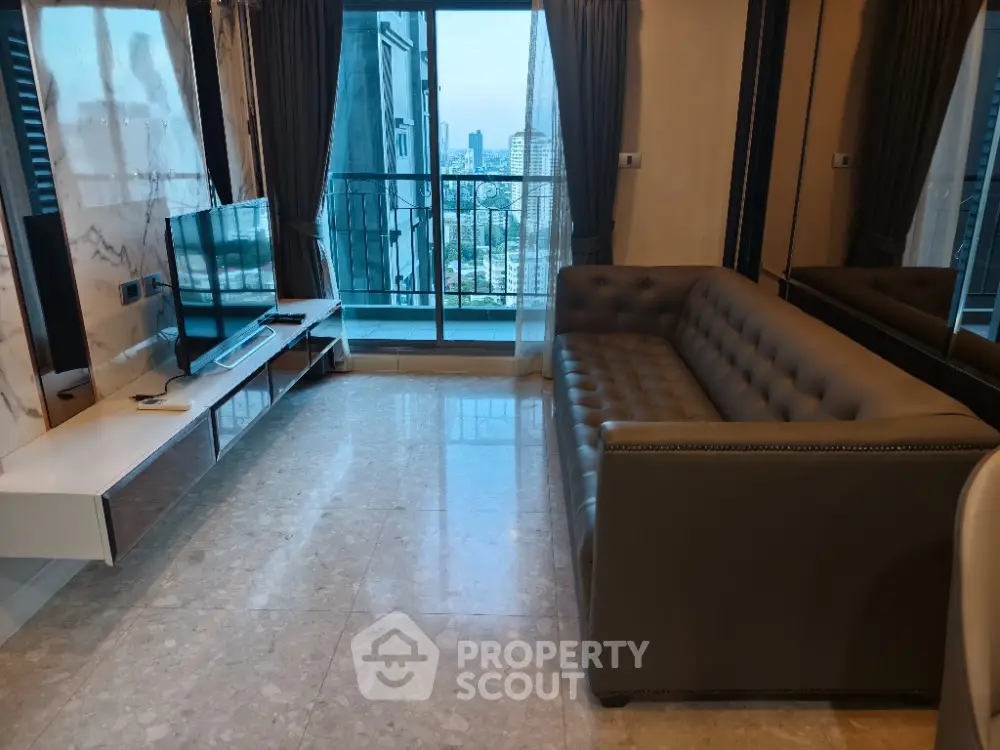 Luxurious living room with modern sofa and stunning city view balcony