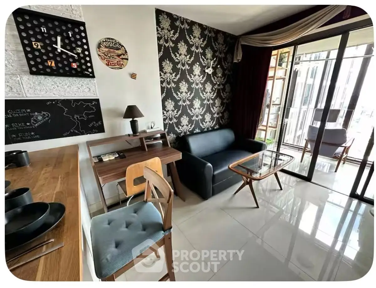 Stylish modern living room with elegant decor and balcony view