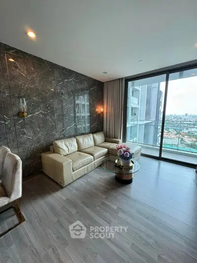 Luxurious living room with marble wall and stunning city view