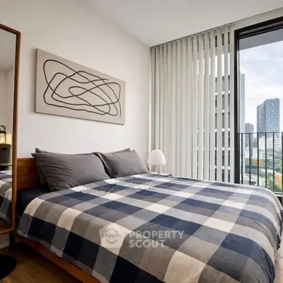 Modern bedroom with city view and stylish decor in urban apartment