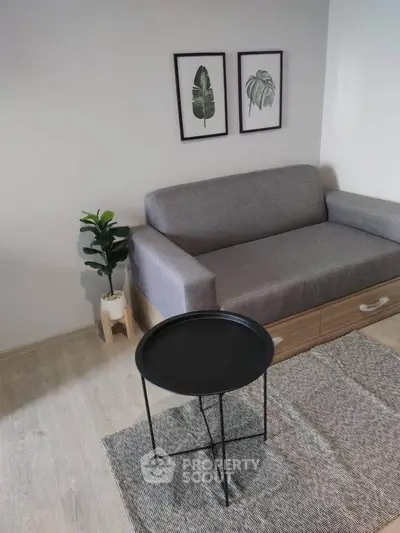 Modern living room with stylish gray sofa and minimalist decor