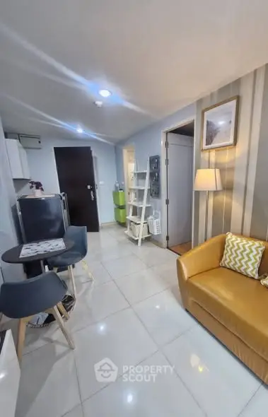 Modern living room with stylish decor and cozy seating area