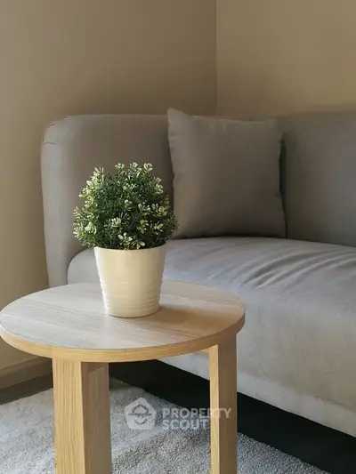 Cozy living room with modern sofa and stylish wooden side table