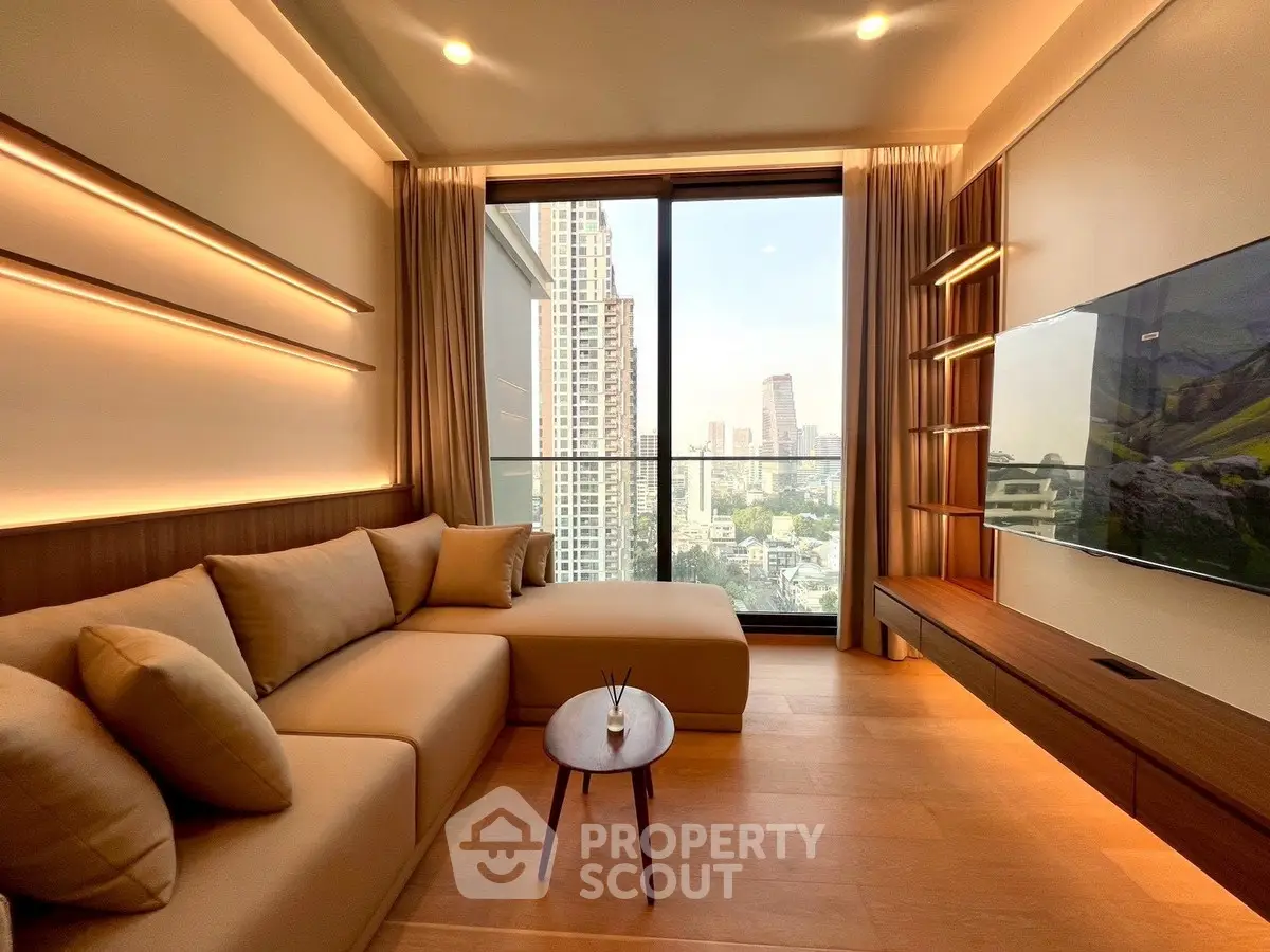 Luxurious living room with panoramic city view and modern decor