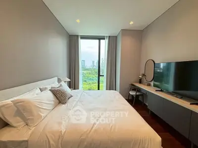 Luxurious bedroom with city view and modern decor