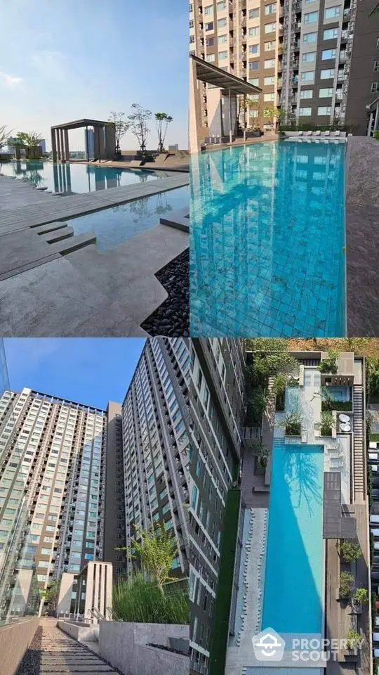 Luxurious high-rise apartment complex with stunning rooftop pool and modern architecture.