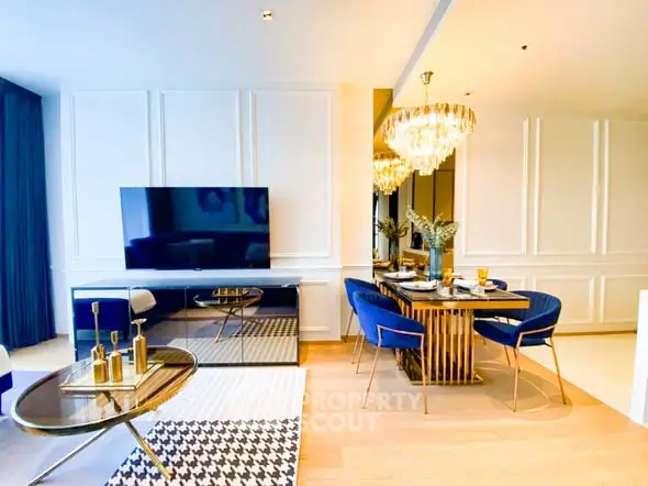 Luxurious modern living room with elegant dining area, featuring chic decor and stylish furniture.