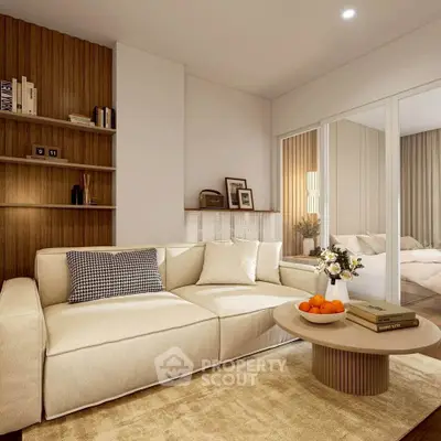 Elegant living room with modern beige sofa, stylish decor, and cozy ambiance, perfect for relaxation.