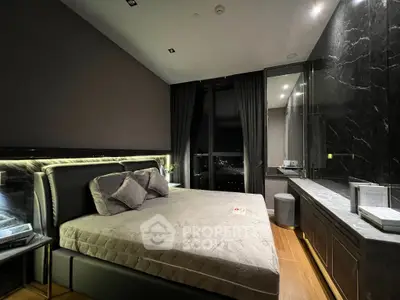 Luxurious modern bedroom with elegant dark decor and city view