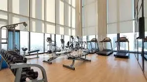 Spacious modern gym with floor-to-ceiling windows and state-of-the-art equipment.