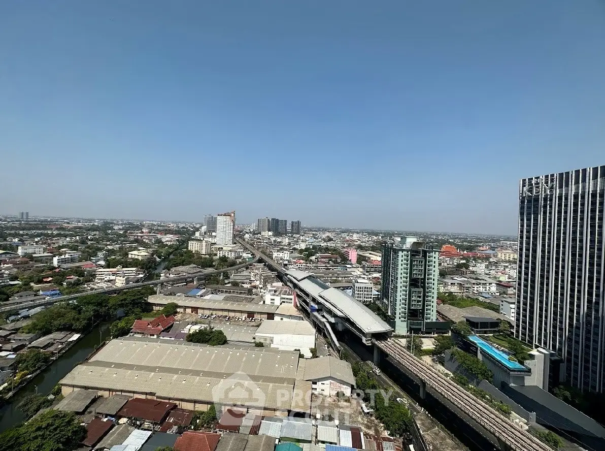 Stunning cityscape view from high-rise building showcasing urban skyline and transportation network.