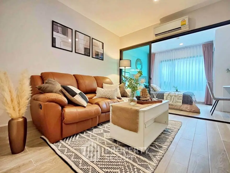 Stylish living room with cozy leather sofa and modern decor