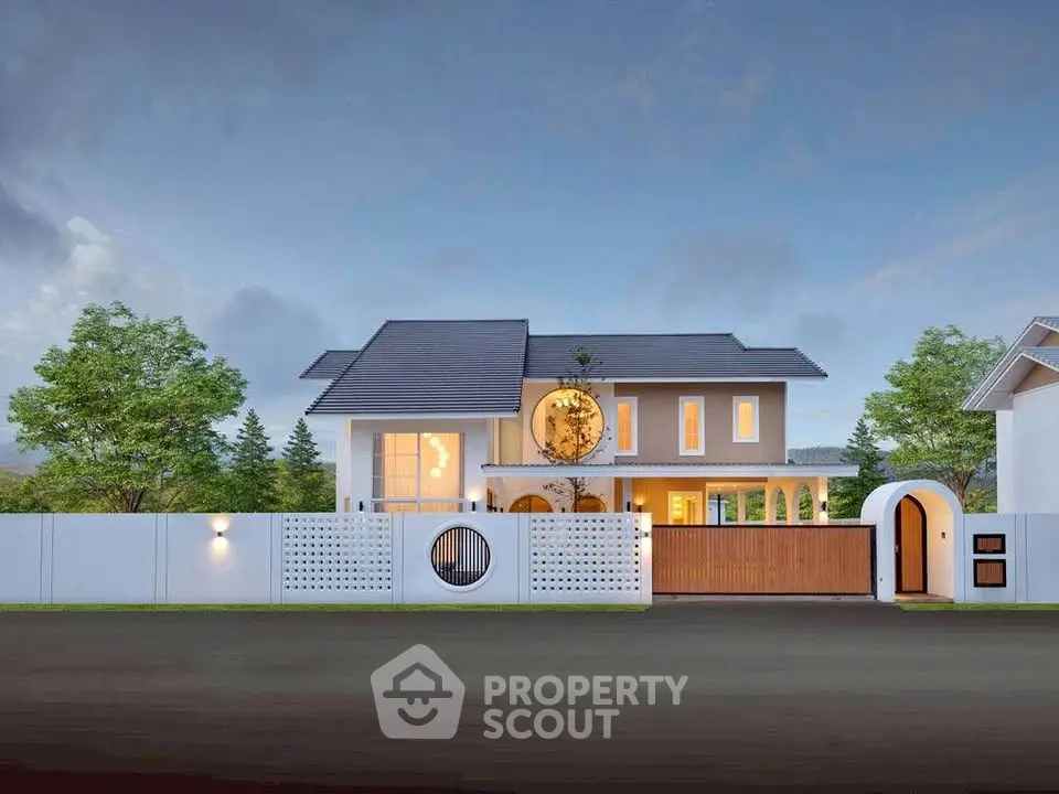 Stunning modern two-story house with elegant facade and spacious front yard, perfect for luxury living.